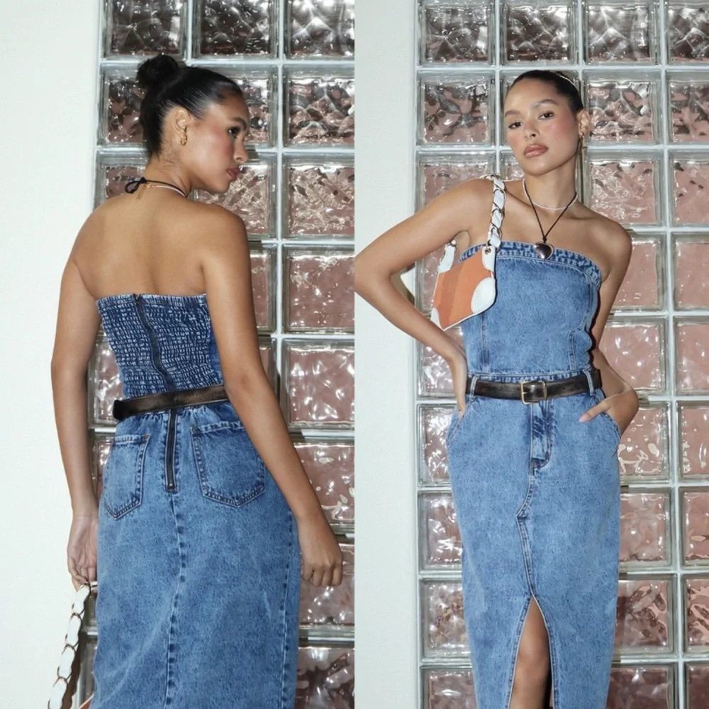 🦃24 HOUR SALE🦃 Put A Record On Denim Tube Midi Dress - Picture 3 of 6